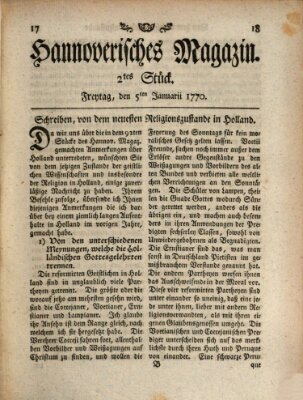 Hannoverisches Magazin (Hannoversche Anzeigen) Freitag 5. Januar 1770