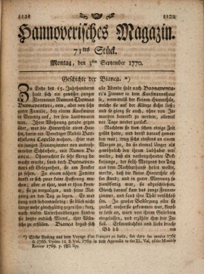 Hannoverisches Magazin (Hannoversche Anzeigen) Montag 3. September 1770