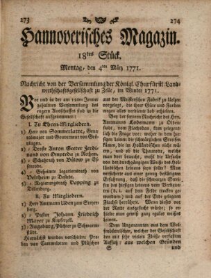 Hannoverisches Magazin (Hannoversche Anzeigen) Montag 4. März 1771