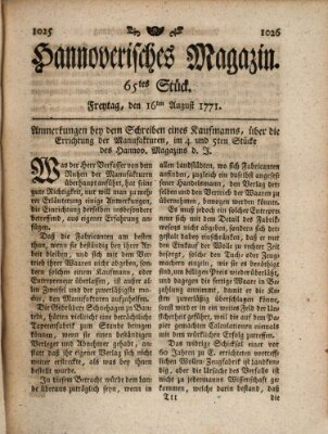 Hannoverisches Magazin (Hannoversche Anzeigen) Freitag 16. August 1771