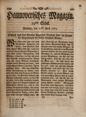 Hannoverisches Magazin (Hannoversche Anzeigen) Freitag 10. April 1772