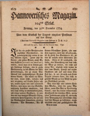 Hannoverisches Magazin (Hannoversche Anzeigen) Freitag 30. Dezember 1774