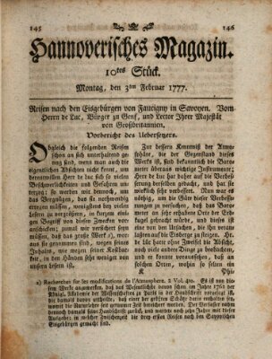 Hannoverisches Magazin (Hannoversche Anzeigen) Montag 3. Februar 1777