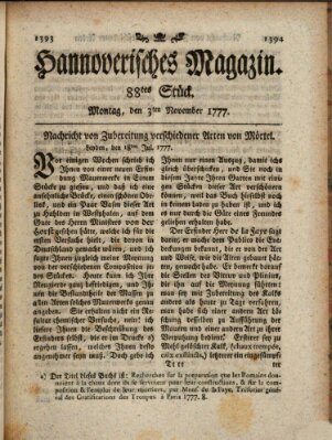 Hannoverisches Magazin (Hannoversche Anzeigen) Montag 3. November 1777