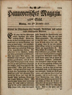 Hannoverisches Magazin (Hannoversche Anzeigen) Montag 8. Dezember 1777