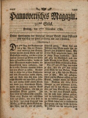 Hannoverisches Magazin (Hannoversche Anzeigen) Freitag 17. November 1780