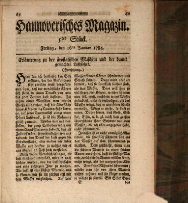 Hannoverisches Magazin (Hannoversche Anzeigen) Freitag 16. Januar 1784