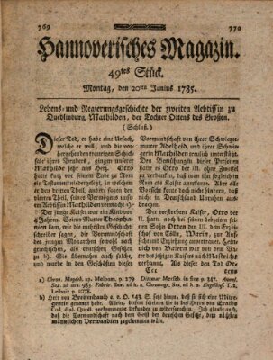 Hannoverisches Magazin (Hannoversche Anzeigen) Montag 20. Juni 1785
