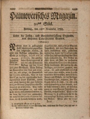 Hannoverisches Magazin (Hannoversche Anzeigen) Freitag 18. November 1785