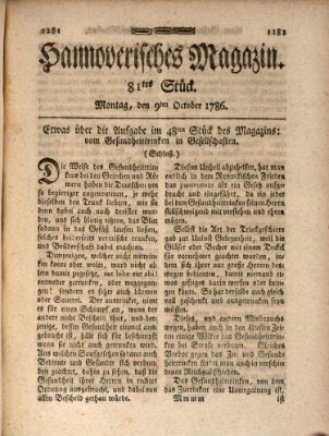 Hannoverisches Magazin (Hannoversche Anzeigen) Montag 9. Oktober 1786