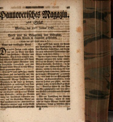 Hannoverisches Magazin (Hannoversche Anzeigen) Montag 22. Januar 1787