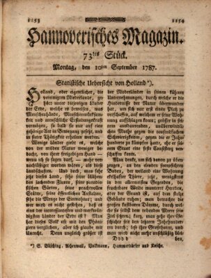Hannoverisches Magazin (Hannoversche Anzeigen) Montag 10. September 1787