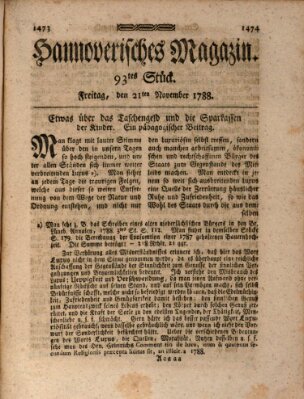 Hannoverisches Magazin (Hannoversche Anzeigen) Freitag 21. November 1788