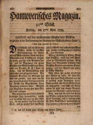 Hannoverisches Magazin (Hannoversche Anzeigen) Freitag 17. April 1789