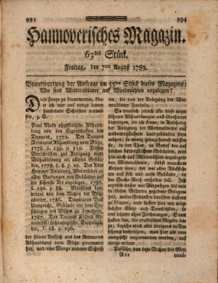 Hannoverisches Magazin (Hannoversche Anzeigen) Freitag 7. August 1789