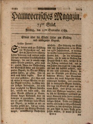 Hannoverisches Magazin (Hannoversche Anzeigen) Freitag 11. September 1789