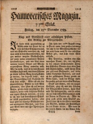 Hannoverisches Magazin (Hannoversche Anzeigen) Freitag 25. September 1789