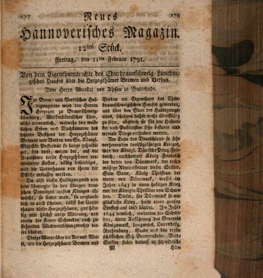 Neues hannoversches Magazin (Hannoversche Anzeigen) Freitag 11. Februar 1791
