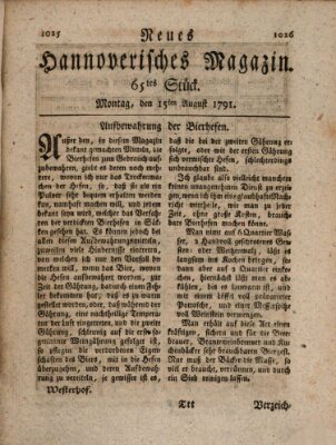 Neues hannoversches Magazin (Hannoversche Anzeigen) Montag 15. August 1791