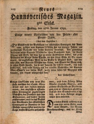 Neues hannoversches Magazin (Hannoversche Anzeigen) Freitag 27. Januar 1792