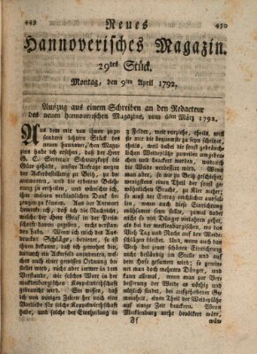 Neues hannoversches Magazin (Hannoversche Anzeigen) Montag 9. April 1792