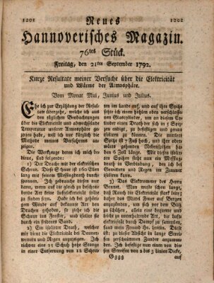 Neues hannoversches Magazin (Hannoversche Anzeigen) Freitag 21. September 1792
