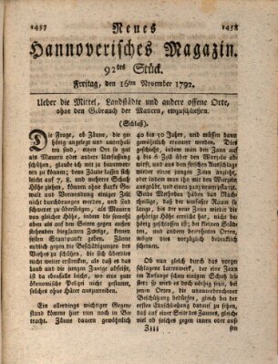 Neues hannoversches Magazin (Hannoversche Anzeigen) Freitag 16. November 1792