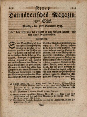 Neues hannoversches Magazin (Hannoversche Anzeigen) Montag 30. September 1793