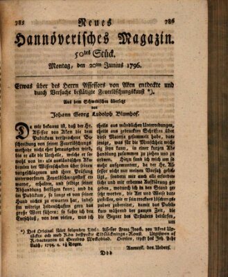 Neues hannoversches Magazin (Hannoversche Anzeigen) Montag 20. Juni 1796