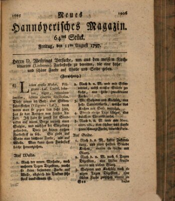 Neues hannoversches Magazin (Hannoversche Anzeigen) Freitag 11. August 1797
