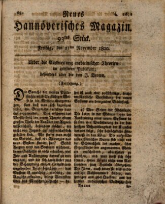 Neues hannoversches Magazin (Hannoversche Anzeigen) Freitag 21. November 1800