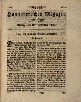 Neues hannoversches Magazin (Hannoversche Anzeigen) Montag 21. September 1801