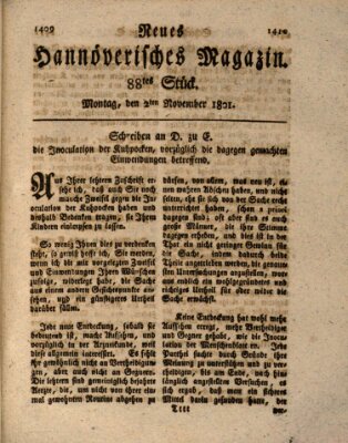 Neues hannoversches Magazin (Hannoversche Anzeigen) Montag 2. November 1801