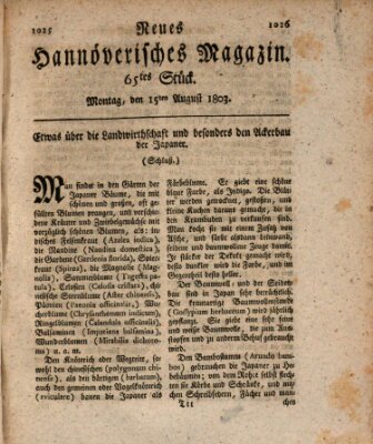 Neues hannoversches Magazin (Hannoversche Anzeigen) Montag 15. August 1803