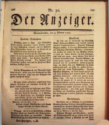 Der Anzeiger (Allgemeiner Anzeiger der Deutschen) Samstag 4. Februar 1792