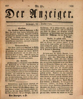 Der Anzeiger (Allgemeiner Anzeiger der Deutschen) Freitag 5. Oktober 1792