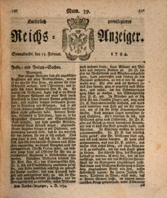 Kaiserlich privilegirter Reichs-Anzeiger (Allgemeiner Anzeiger der Deutschen) Samstag 15. Februar 1794