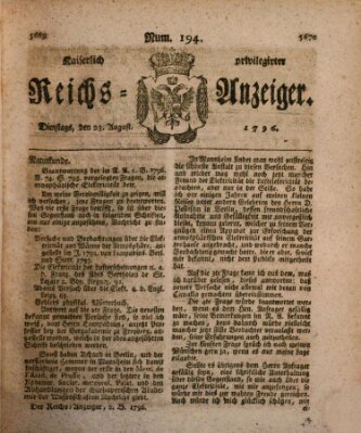 Kaiserlich privilegirter Reichs-Anzeiger (Allgemeiner Anzeiger der Deutschen) Dienstag 23. August 1796