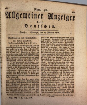 Allgemeiner Anzeiger der Deutschen Montag 19. Februar 1816