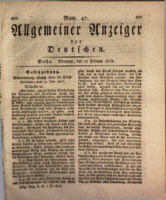 Allgemeiner Anzeiger der Deutschen Montag 17. Februar 1817