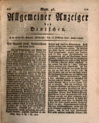 Allgemeiner Anzeiger der Deutschen Freitag 16. Februar 1821