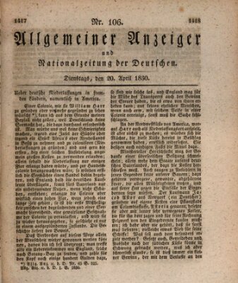 Allgemeiner Anzeiger und Nationalzeitung der Deutschen (Allgemeiner Anzeiger der Deutschen) Dienstag 20. April 1830