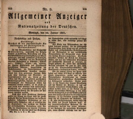 Allgemeiner Anzeiger und Nationalzeitung der Deutschen (Allgemeiner Anzeiger der Deutschen) Montag 10. Januar 1831