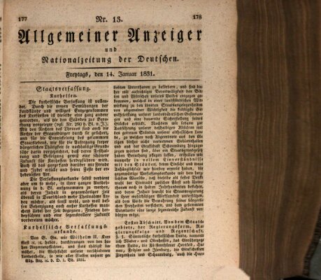 Allgemeiner Anzeiger und Nationalzeitung der Deutschen (Allgemeiner Anzeiger der Deutschen) Freitag 14. Januar 1831