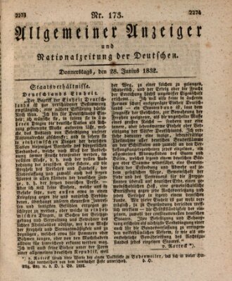 Allgemeiner Anzeiger und Nationalzeitung der Deutschen (Allgemeiner Anzeiger der Deutschen) Donnerstag 28. Juni 1832
