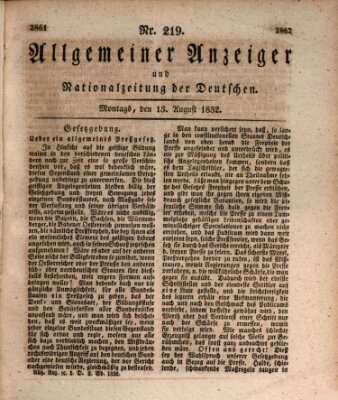 Allgemeiner Anzeiger und Nationalzeitung der Deutschen (Allgemeiner Anzeiger der Deutschen) Montag 13. August 1832