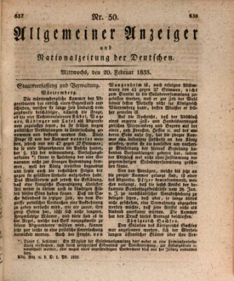 Allgemeiner Anzeiger und Nationalzeitung der Deutschen (Allgemeiner Anzeiger der Deutschen) Mittwoch 20. Februar 1833