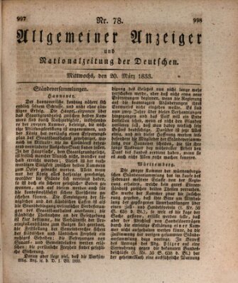 Allgemeiner Anzeiger und Nationalzeitung der Deutschen (Allgemeiner Anzeiger der Deutschen) Mittwoch 20. März 1833