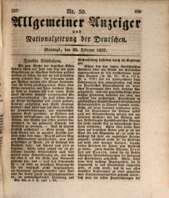 Allgemeiner Anzeiger und Nationalzeitung der Deutschen (Allgemeiner Anzeiger der Deutschen) Montag 20. Februar 1837