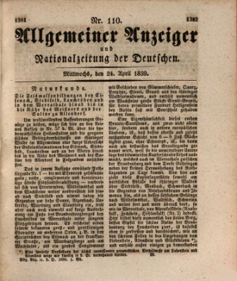 Allgemeiner Anzeiger und Nationalzeitung der Deutschen (Allgemeiner Anzeiger der Deutschen) Mittwoch 24. April 1839